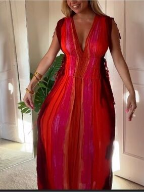 Zara sleeveless v-neck tie-dye midi dress with adjustable beaded side ties.